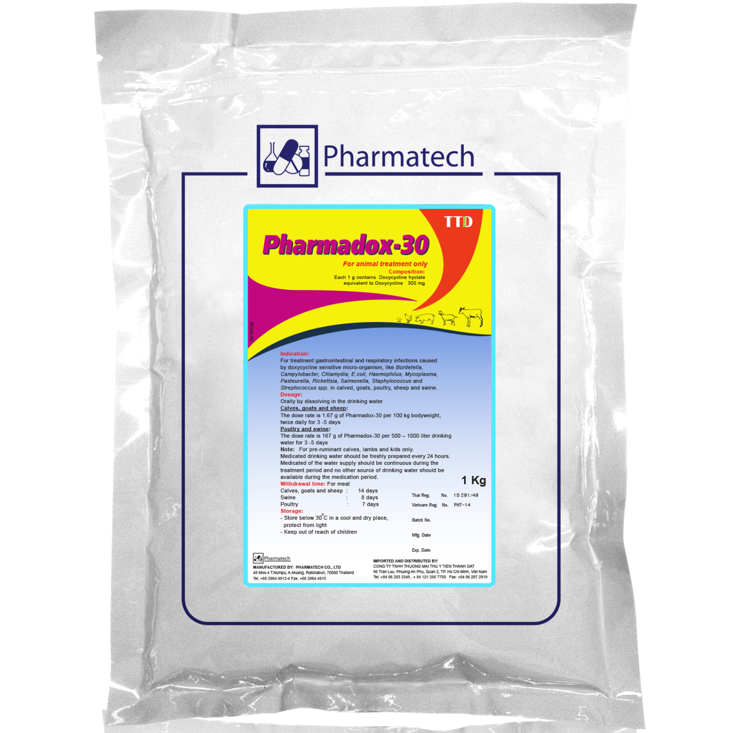 Pharmadox-30 Doxycyline Hyclate 30% Kháng sinh điều trị nhiễm trùng đường tiêu hóa, hô hấp trên bê, nghé, dê, cừu, lợn, gia cầm