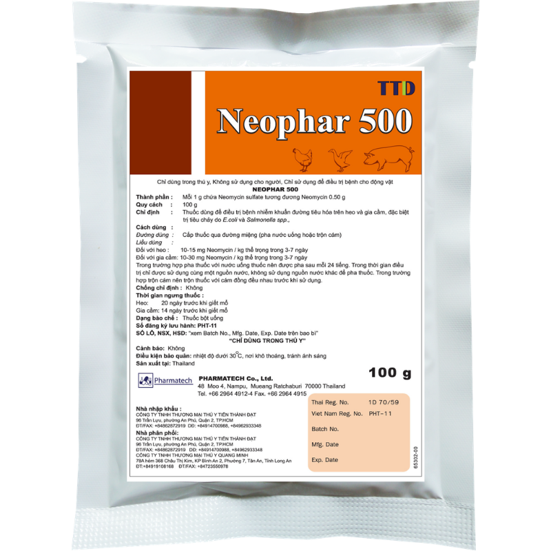 Neophar 500 Neomycin Sulphate 500mg - Kháng sinh điều trị nhiễm khuẩn dạ dày ruột trên lợn, gia cầm